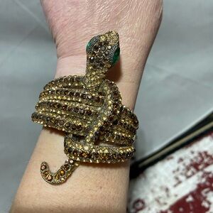 Vintage Rhinestone Coiled Snake With Green Eyes and Hanged Bangle